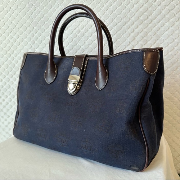 Dooney & Bourke Handbags - Dooney & Bourke Canvas Signature Double Handle Tote Leather Navy Blue Brown